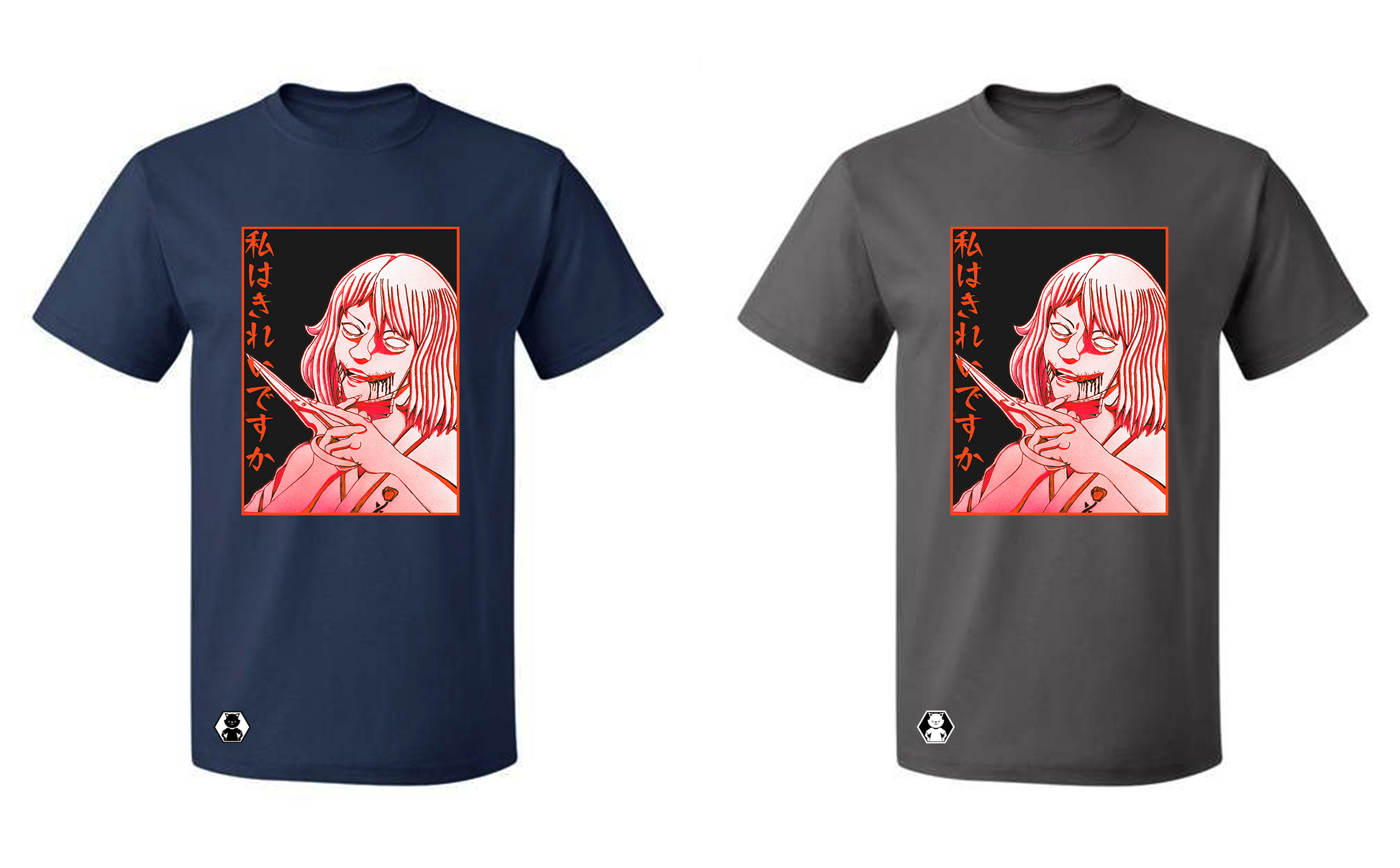 kuchisake onna anime horror navy blue and grey t-shirts